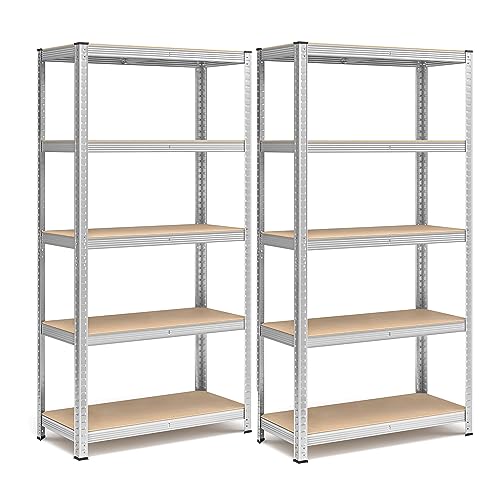 SONGMICS Schwerlastregal, 2er Set, Kellerregal, Lagerregal, 40 x 90 x 180 cm, Regal mit Stahlgestell, jeweils bis 875 kg belastbar, 5 verstellbare Ablagen, silbern GLR040E02