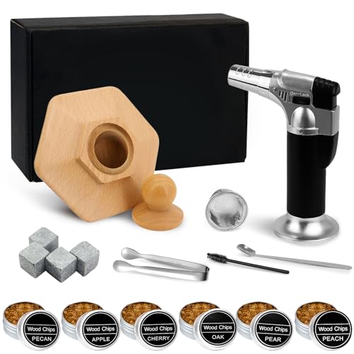 Cocktail Smoker Kit mit Taschenlampe, Drink Smoker mit 6 Flavors Wood Chips, 4 Whisky Steine, Tragbarer Cocktail Smoker Geschenke Für Männer, Altmodisches Smoker Kit Für Whiskey (kein Butan)