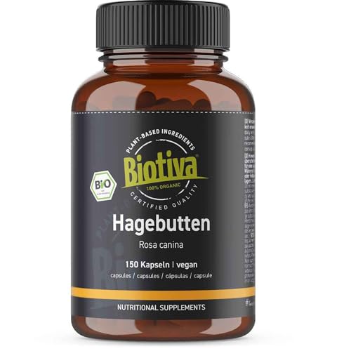 Hagebuttenkapseln Bio 150 Kapseln - 650mg - Hagebutten aus Europa - ohne Zusätze - Hagebutte - Höchste Reinheit - Abgefüllt und kontrolliert in Deutschland - Biotiva