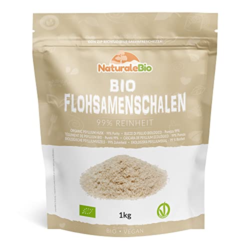 Flohsamenschalen Bio - 99% Reinheit - 1 kg. Organic Psyllium Husk. Naturbelassen und rein. Ballaststoffreich und vegan, zum Auflösen in Wasser, Getränken oder Säften. NaturaleBio.
