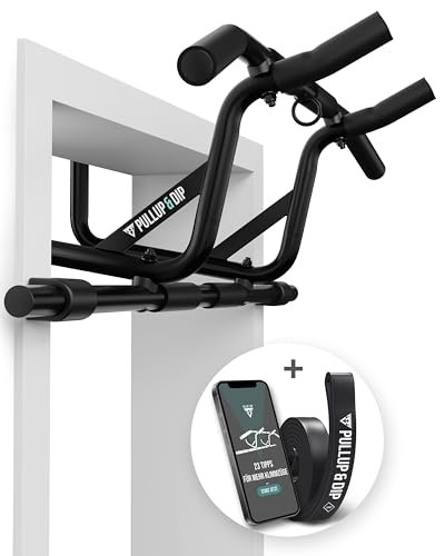 PULLUP & DIP Klimmzugstange für Türrahmen zum Einhängen ohne Schrauben und kein Abrutschen, Profi Türreck, Pull-up Bar mit gepolsterten Griffen inkl. Klimmzug Band + eBook