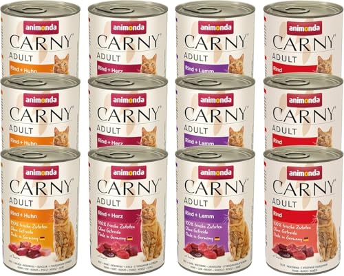 Carny Katzen Nassfutter Mix Herzhafte Variation (12 x 400g), Katzen Nassfutter ohne Getreide und Zucker für ausgewachsene Katzen von animonda mit frischen fleischlichen Zutaten