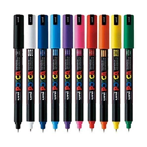 uni-ball Uni Posca PC-1MR Farbmarkierer, ultrafein, 0,7 mm breite Spitze, schreibt auf jeder Oberfläche, Glas, Metall, Holz, Kunststoff, Stoff, sortiert, Weiß, Schwarz, Blau, Rot, Gelb, Grün, Pink, Orange, Hellblau und Violett, 10 Stück
