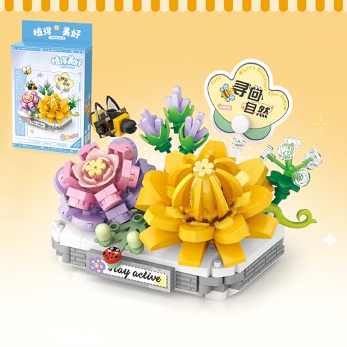 MEIEST Mini Blüte Succulent Bonsai Bausteine,Simulation Topf Pflanze Partikel Blume Botanische Sammlung BAU Ziegel Spielzeug,Wohnkultur (Jadelotos)