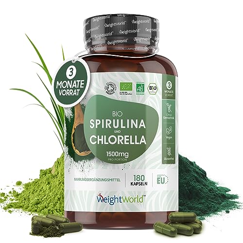 WeightWorld Bio Spirulina Chlorella - 180 Algen Kapseln - 1500mg Pulver je 2 Kapseln - Organic Superfood mit Protein & Ballaststoffen - Verhältnis 50:50 - Chlorophyll - Soil Association zertifiziert