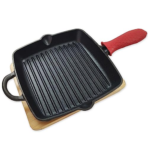 Okodo Gusseisenpfanne Grill (Ø 31 cm) inkl. Untersetzer & Griffschutz - Grillpfanne Gusseisen-Pfanne - Barbecue Cast Iron Pan - Gasgrill Pfanne