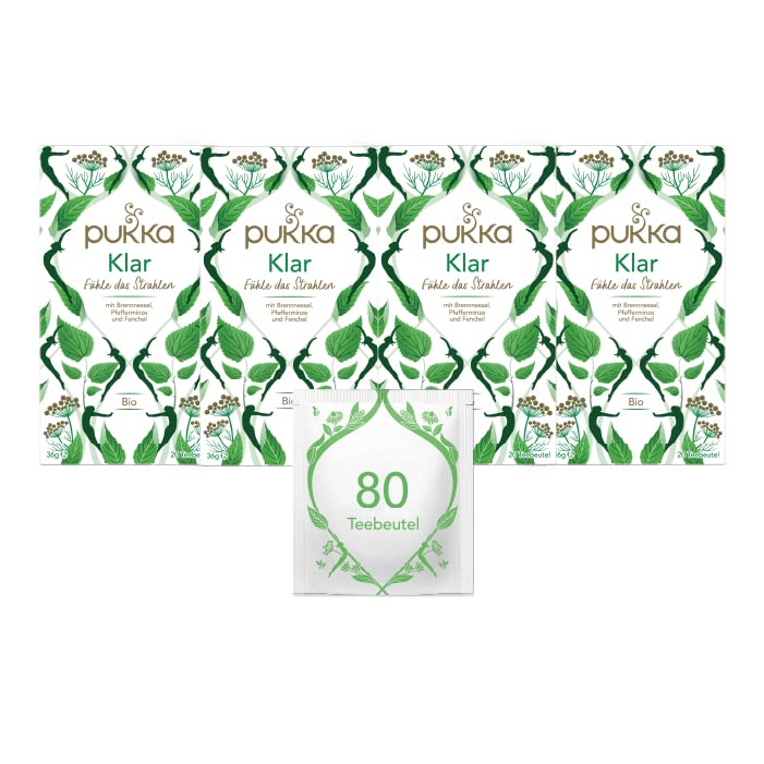 Pukka | Bio-Kräutertee „Klar“ | Fenchel, Aloe Vera, Pfefferminze, Löwenzahn und Brennnessel | für ein inneres Strahlen | 4er Pack | 80 Teebeutel