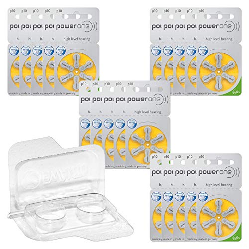 120x Power One p10 Hörgerätebatterien 20x6er Blister PR70 Gelb 24610 + Aufbewahrungsbox für 2 Hörgerätebatterien (10, 13, 312, 675), Batteriebox für 2 Knopfzellen bis 12 mm x 6 mm (Ø x H)