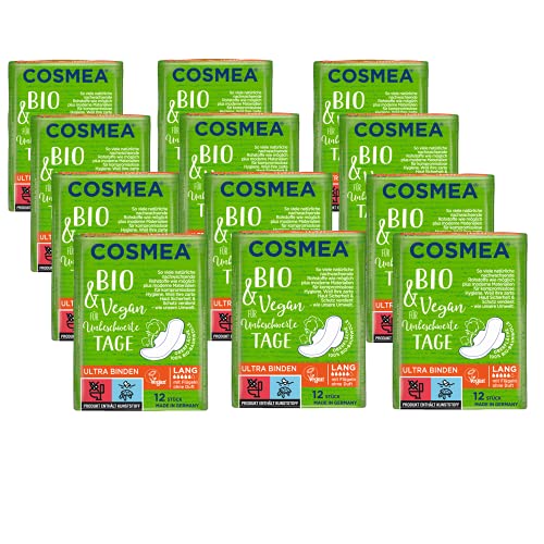 Cosmea Bio Ultra-Binden, Super mit Flügel ohne Duft, Vorteilspack (12 x 12 Stück). Hygiene-Einlagen aus Bio-Baumwolle. Damen-Hygiene im Einklang mit der Natur
