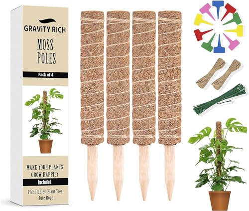 Gravity Rich Moosstangen, stapelbar bis 121,4 cm, für Kletterpflanzen, 4 x 39,9 cm kleberfreie Totem-Kokosfaser-Monstera-Stangen mit Pflanzenetiketten, Bändern und Juteseil für das Wachstum von