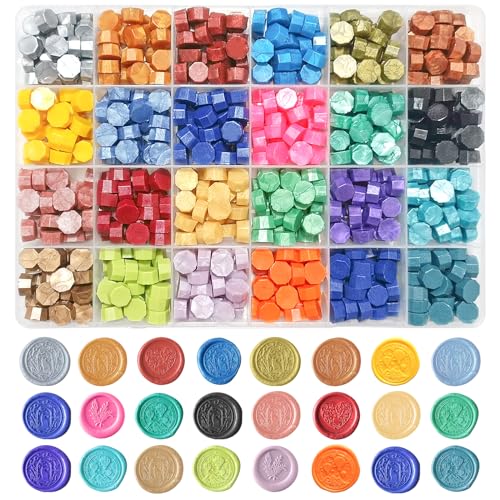 Wachs Achteckig Wachssiegel Set, 24 Farbe Siegelstempel 720 Stück siegelwachs Perlen, für Vintage Siegellack und Brief, Einladungen, Karten, Paket Geschenk Siegelwachs Set (Satz B)