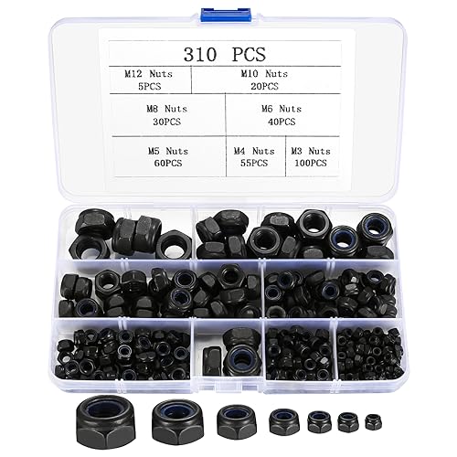 Sechskantmuttern Set, 310 Stk Selbstsichernde Muttern Sortiment Set, Sicherungsmuttern, Schraubenmuttern, Kohlenstoffstahl Sechskant Mutter, Gewindeeinsätze - M3 M4 M5 M6 M8 M10 M12
