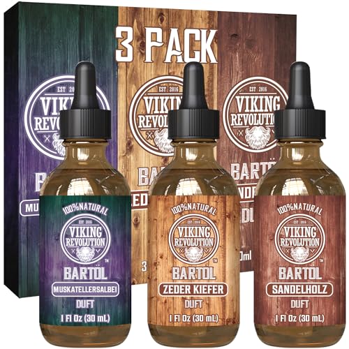 Viking Revolution - Bartöl - Macht Weich, Schützt und Stärkt - Aus Ganz Natürlichen Sandelholz, Kiefer, Zeder Und Muskatellersalbei - Bartöl Herren - Geschenke Für Männer - Set 3 x 30 ml