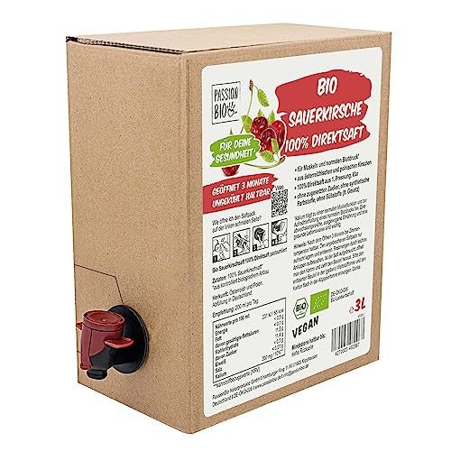 Bio Sauerkirsche Direktsaft 3 Liter Box - Sauerkirschsaft aus 100% europäischen Sauerkirschen - Veganer Sauerkirsch Saft, ohne zugesetzten Zucker, ohne Süßstoffe (lt. Gesetz)
