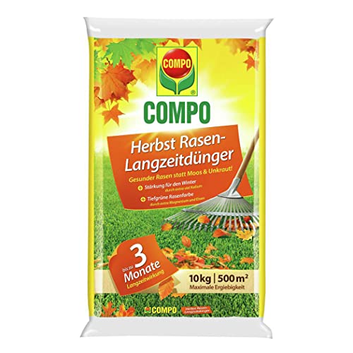 COMPO Herbst-Rasen Langzeit-Dünger, Rasendünger, 3 Monate Langzeitwirkung, Granulatform, 10 kg, 500 m²