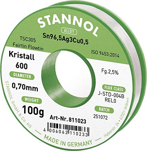 Stannol 811023 FLOWTIN TSC305 Fairtin Kristall 600 Lötdraht, 0,7mm Durchmesser, 100g Spulen