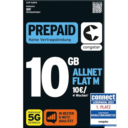 congstar Prepaid ALLNET M SIM-Karte ohne Vertrag I Allrounder Prepaid-Paket in D-Netz-Qualität I 10 GB LTE mit 25 Mbit/s + 10€ Startguthaben I Telefonie & SMS Flat in alle dt. Netze I EU-Roaming inkl.