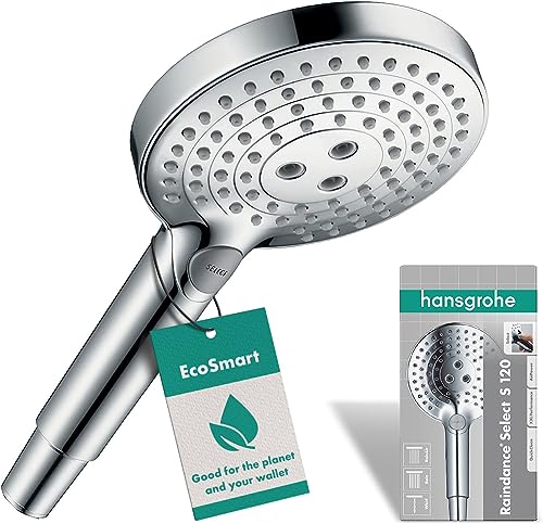 hansgrohe Raindance Select S - wassersparender Duschkopf 9 l/min (EcoSmart), Handbrause mit 3 Strahlarten, runde Duschbrause (⌀ 120 mm), Sparduschkopf mit Antikalk-Funktion, Chrom