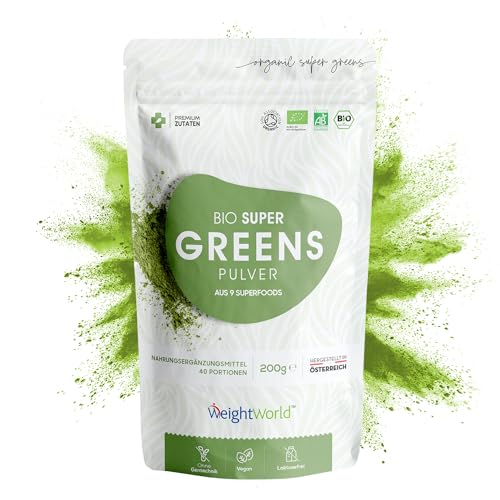 BIO Super Greens - 200g Smoothie Pulver - Veganes Superfood - Mit Leinsamen, Maca, Matcha, Gerstengras, Chlorella, Guarana, Weizengras, Acai & Affenbrotbaum - 40 Portionen - Hergestellt in Österreich
