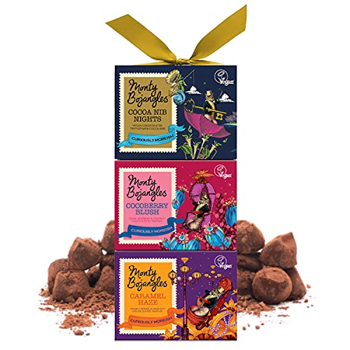 Monty Bojangles Vegan Tower | 3 Geschenkboxen – Caramel Haze, Cocoa Berry Blush, Cocoa Nib Nights | Kakobestäubte Schokoladentrüffel, 300 g (3 x 100 g Geschenkpackung)