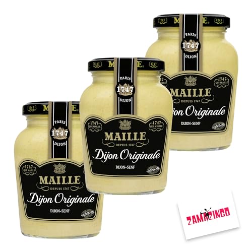 Maille Dijon Senf im Glas 215g (3er Pack) | Feinster Senf aus ganzen Senfkörnern, delikat mit Originale Geschmack | Gourmets und Feinschmecker + Zama4Zingo Karte