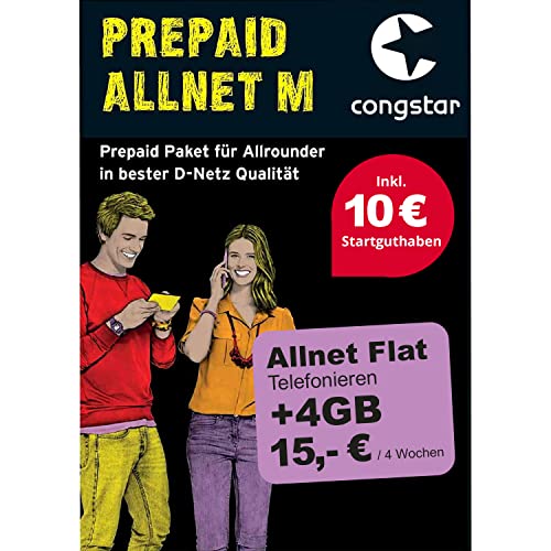 congstar Prepaid ALLNET M Sim-Karte ohne Vertrag I Allrounder Prepaid-Paket in D-Netz-Qualität I 4  GB LTE mit 25 Mbit/s + 10€ Startguthaben I Telefonie & SMS Flat in alle dt. Netze I EU-Roaming inkl.