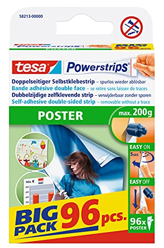tesa Powerstrips POSTER Big Pack - Doppelseitige Klebestreifen für Poster und Plakate - Selbstklebend und spurlos wieder ablösbar - Bis zu 200 g Halteleistung - 96 Stück