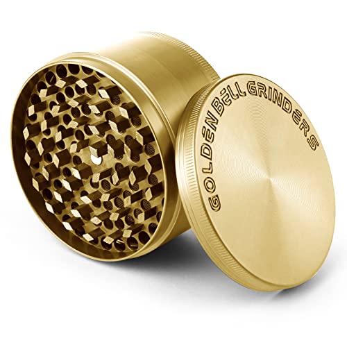 Golden Bell Grinder Crusher 4-teiliges Set Mühle mit Scraper Pollen Zinklegierung für Spice Gewürze Kräuter Herb Krautmühle (Gold, 3 x 1,7 Inch)
