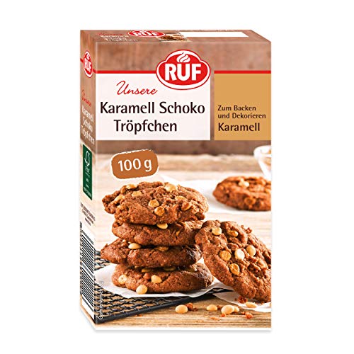 RUF Karamell Schoko-Tröpfchen, weiße Schokoladentropfen mit Karamellpulver, zum Backen und Dekorieren von Torten, Gebäck und Cookies, glutenfrei