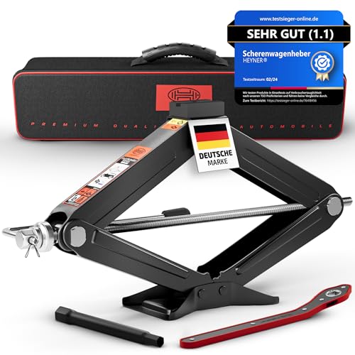 HEYNER® Wagenheber Scherenwagenheber 2t inkl. Ratsche und Tasche Verlängerung Kurbel und Gummiauflage aus Legierter Stahl Empfohlen Für SUV & Geländewagen