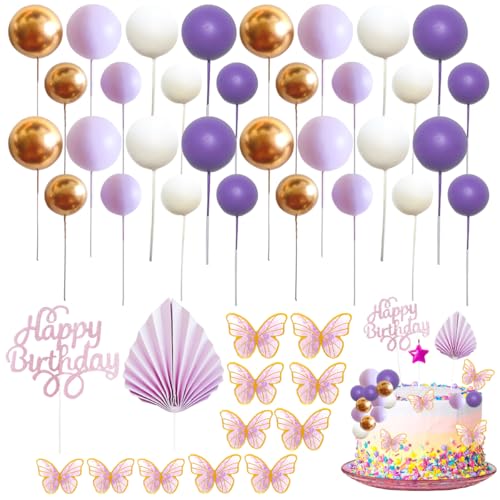 53 Stück Tortendeko Kugeln Cake Topper, XingyLi lila goldene Mini-Ballons Tortenaufleger with Palme, Schmetterling und Happy Birthday Kucheneinsatz, Kuchen Deko Kugeln für Geburtstag Hochzeit