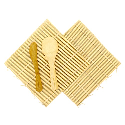 BambooMN Sushi Making Kit 3 Sets von 2 x Natur-Bambus-Rollmatten, 1 x Reispaddel, 1 x Streuer | 100% Bambus Matten und Utensilien
