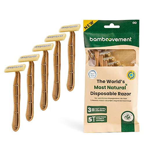 THE BAMBOOVEMENT 99% Plastikfreie Nachhaltige Einwegrasierer Männer, 3 Premium-Klingen Für Eine Schnelle, Und Sanfte Rasur, Umweltfreundlicher Nassrasierer Herren, Unisex-Set Mit 5 Rasierern
