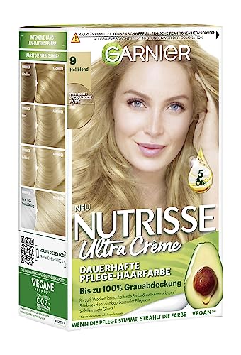 Garnier Nutrisse Dauerhafte Pflege-Haarfarbe mit nährenden Fruchtölen, Coloration mit 8 Wochen Halt, Ultra Crème Tönung, 090 Light Blond