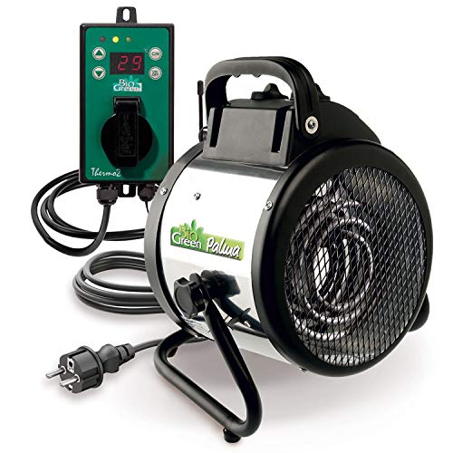 Bio Green Elektro-Gebläse-Heizung Palma mit digitalem Thermostat | IP X4 spritzwassergeschützt, energiesparend | Gewächshausheizung mit 163 m³/h Luftumwälzung | 2000 Watt