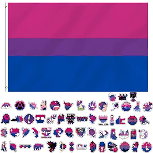 GoldRock Bi Flagge Bisexual Sticker Set,90x150 cm Bi Flag+60 Stk Pride Sticker,Bisexual Flag,LGBTQ Flagge Bi Accessoires,Bisexuelle Flagge für Indoor,Outdoor,Festival Feiern,Paraden und Dekorationen