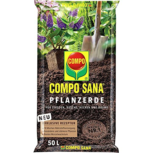 Compo SANA Pflanzerde mit 10 Wochen Dünger für alle Stauden, Büschen, Hecken und Bäume, Kultursubstrat, 50 Liter, braun