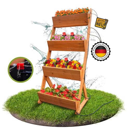 Landtanne Hochbeet für Garten Balkon Terrasse Holz 4 Etagen mit Gartenvlies [Bewässerungssystem] Vertikalbeet Vertikaler Garten Kräuterbeet Outdoor