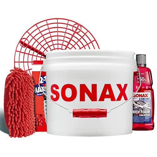 Detailmate - SONAX Auto Handwäsche Set: Sonax GritGuard Wascheimer, 13 Liter (3,5 Gallonen) + GritGuard Schmutz Einsatz + Sonax Rich Foam Aktivschaum Shampoo + Microfaser 2in1 Schwamm