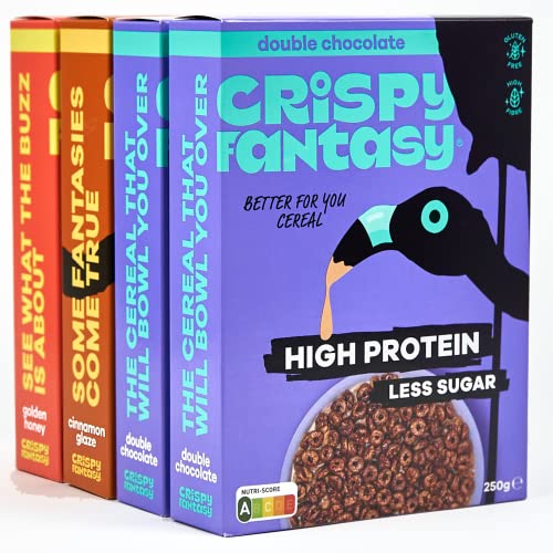 Crispy Fantasy Frühstückscerealien Glutenfrei Zuckerarm Protein & Ballaststoffreich Pflanzlich | Vegane | 8 g Eiweiß pro Portion | Bestseller-Sortimentpaket | 2x Schokolade, 1x Zimt, 1x Honig.