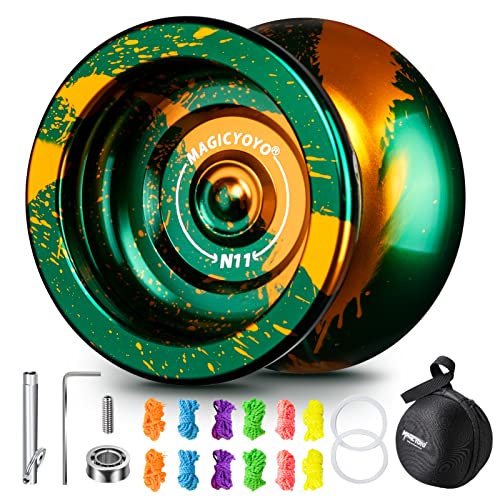 MAGICYOYO N11 Profi Unresponsive Yoyo, Metall Dual Purpose Jojo for Kinder and Advanced, Trick Yoyo mit Replacement Responsive Yoyo Bearing+12 Yoyo Strings+ Removal Tool + Jo Jo Box +Alxe(Grünes Gold)