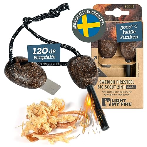 LIGHT MY FIRE Feuerstahl Outdoor Scout 2-in-1 mit Notfallpfeife, Feuerstahl Survival Gadget Feuerstein Feuerzeug, Ewiges Streichholz mit Bio-basierter Kunststoffgriff 3000 Zündungen