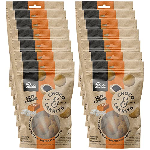 Panda® | Schoko & Lakritz Salziges Karamell | Salziges Lakritz und Milchschokolade mit Karamellpulver überzogen | Rainforest Alliance Schokoladensüßigkeiten | 120 g x 14 Beutel