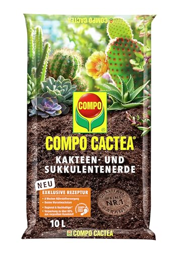 COMPO CACTEA Kakteenerde und Sukkulentenerde mit 8 Wochen Dünger für alle Kakteenarten und dickblättrige Pflanzen, Kultursubstrat, 10 Liter, Braun