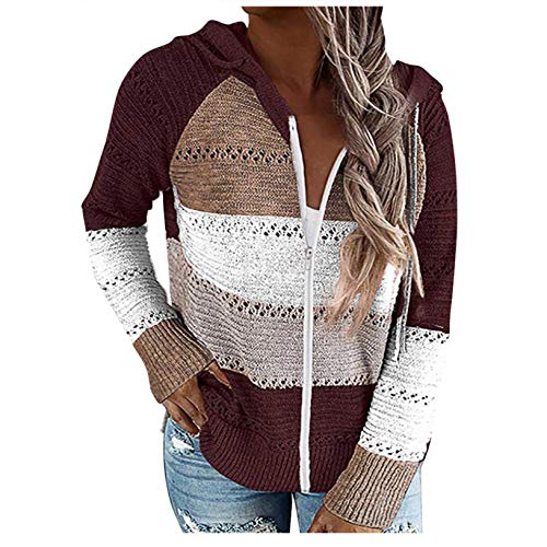 iHENGH Fashion Women Casual Patchwork Langarm Kapuzenpullover Strickjacke Bluse Tops(Wein-1, 3XL)