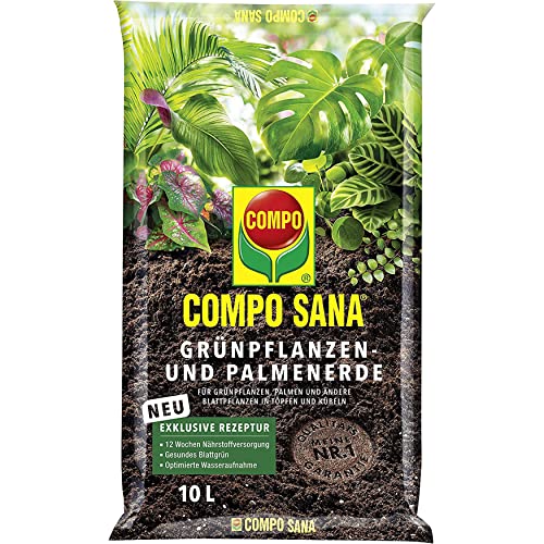 COMPO SANA Grünpflanzenerde und Palmenerde mit 12 Wochen Dünger für alle Zimmerpflanzen, Balkonpflanzen, Palmen und Farne, Kultursubstrat, 10 Liter, Braun