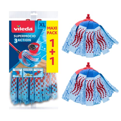 Vileda SuperMocio 3Action Wischmopp Ersatzkopf, Mikrofaser Moppkopf mit Schrubberzone und Velours Fasern, ideal für Fließen und Steinböden, 2er Vorteilspack