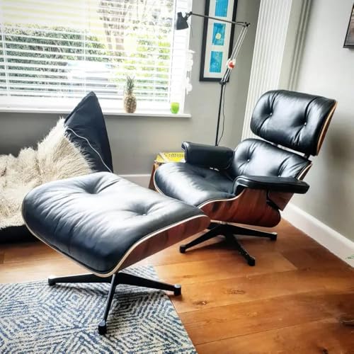 BloomBirch Echtleder-Entspannungssessel mit Fußhocker, moderner Fernsehsessel, drehbarer Chaiselongue mit Ottomane, Fester Neigungswinkel von 105°, einzigartiges Design mit gepolstertem Kissen