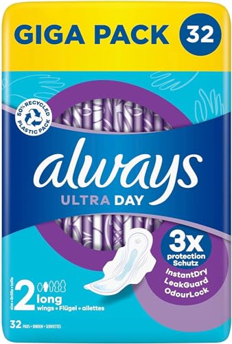 Always Ultra Binden Damen Gr. 2, Long (32 Damenbinden mit Flügeln) Giga Pack, dünn und super saugfähig, geruchsneutralisierend und Auslaufschutz