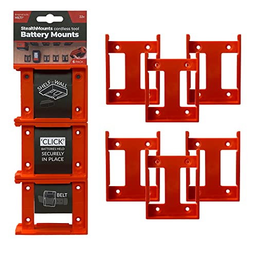 StealthMounts Akkuhalter für Hilti 22v | Kabellose Akkuhalterung für Hilti 22v Elektrowerkzeuge | 6er Pack | Orange Akku-Organizer für Hilti 22v